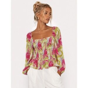 The Drop Smocked Peplum Blouse Pink Yellow Square Neck Balloon XL NWOT New